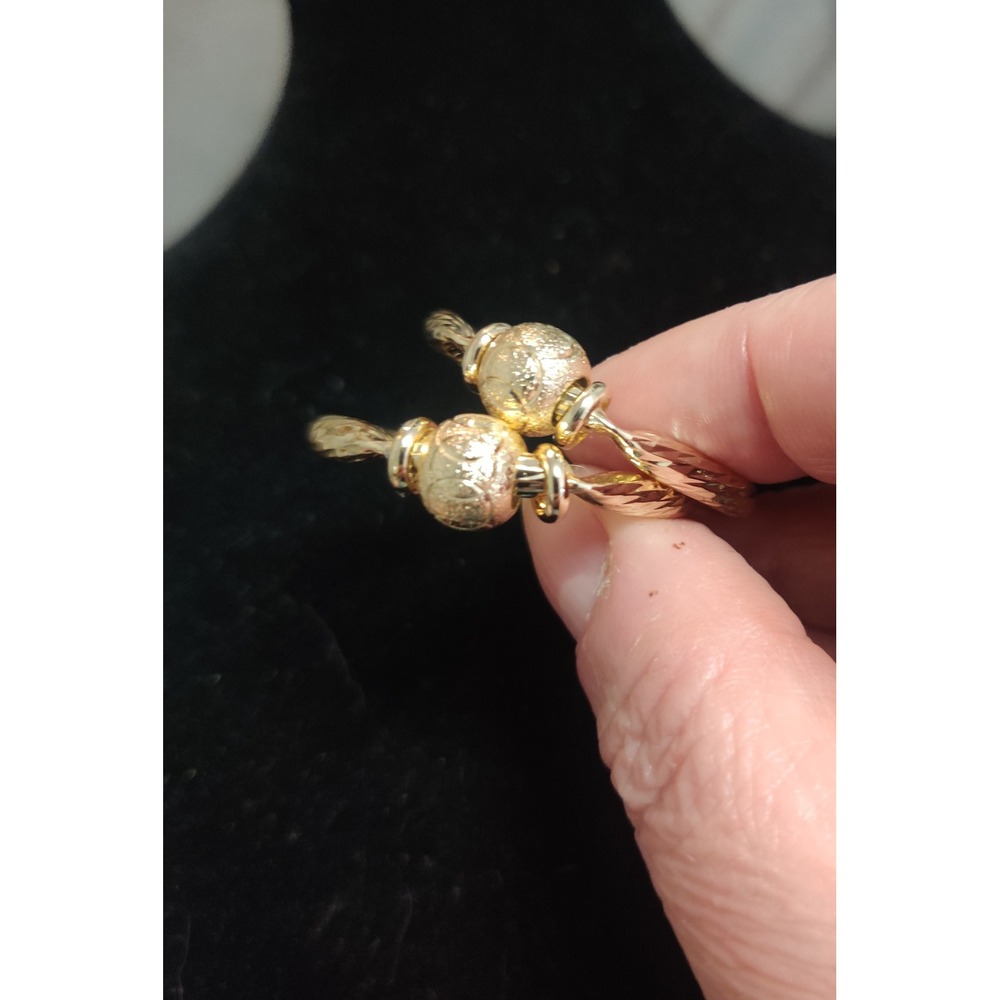 Gold Tone‎ Diamond Cut Textured Bead Hoop Earrings Latch Back Women Jewelry